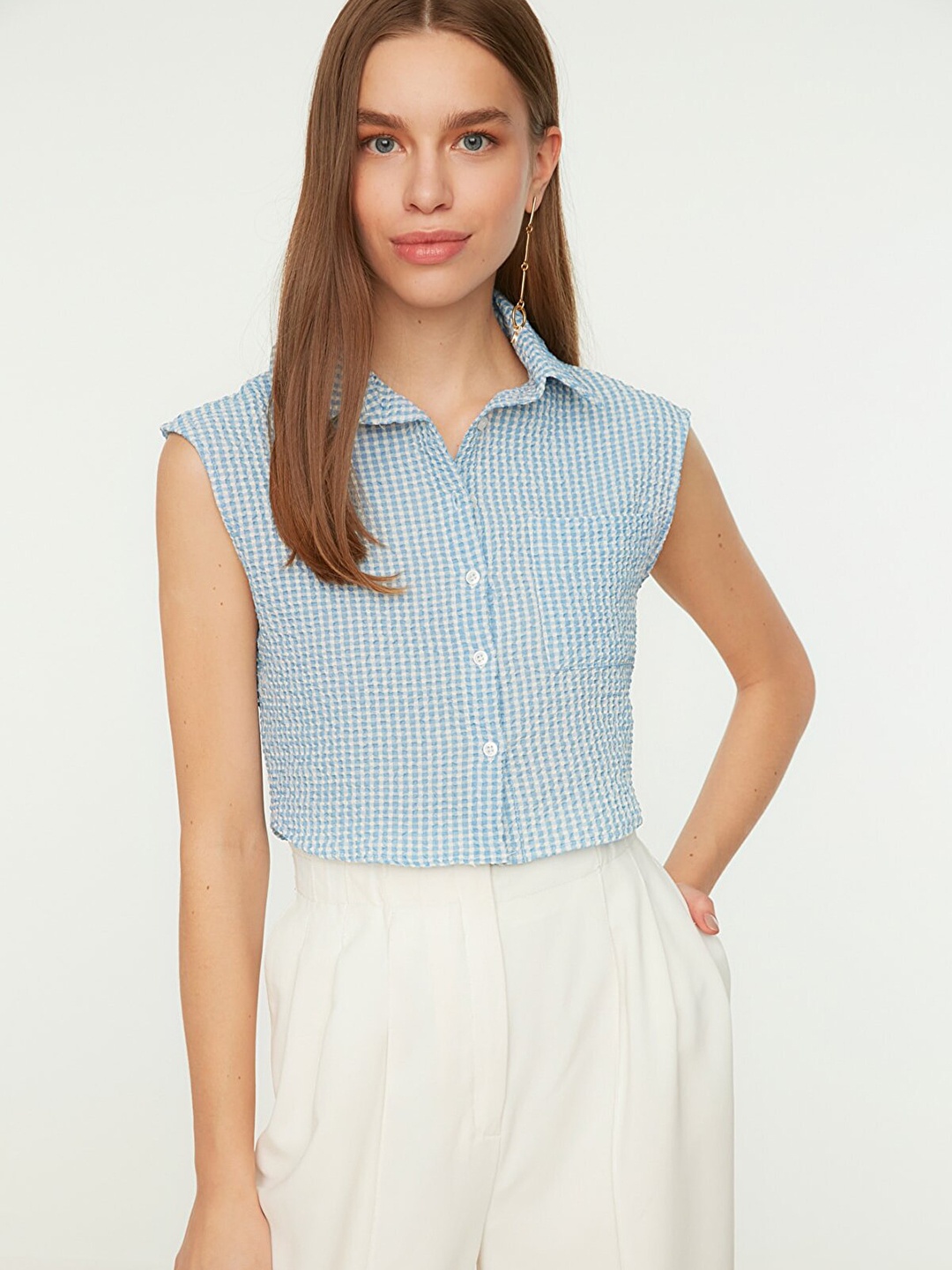 

Trendyol Women Blue Checked Casual Seersucker Shirt