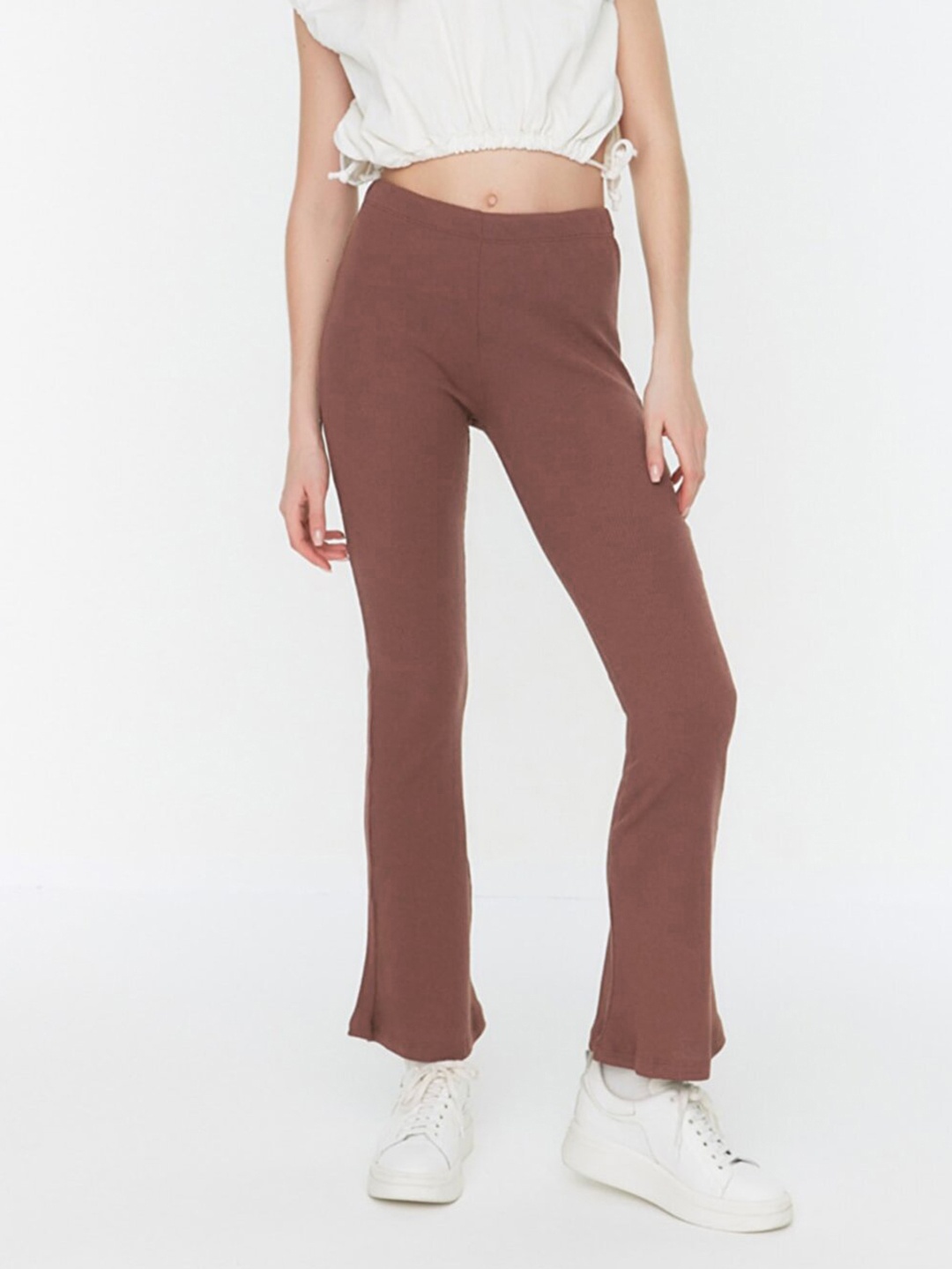 

Trendyol Women Brown Ribbed Flared High-Rise Bootcut Trousers