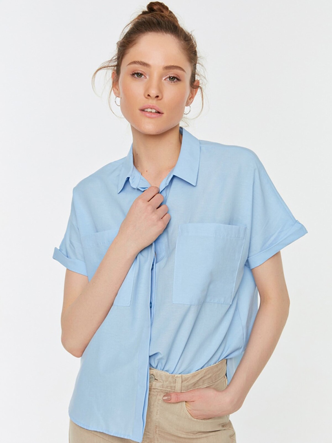 

Trendyol Women Blue Solid Casual Shirt