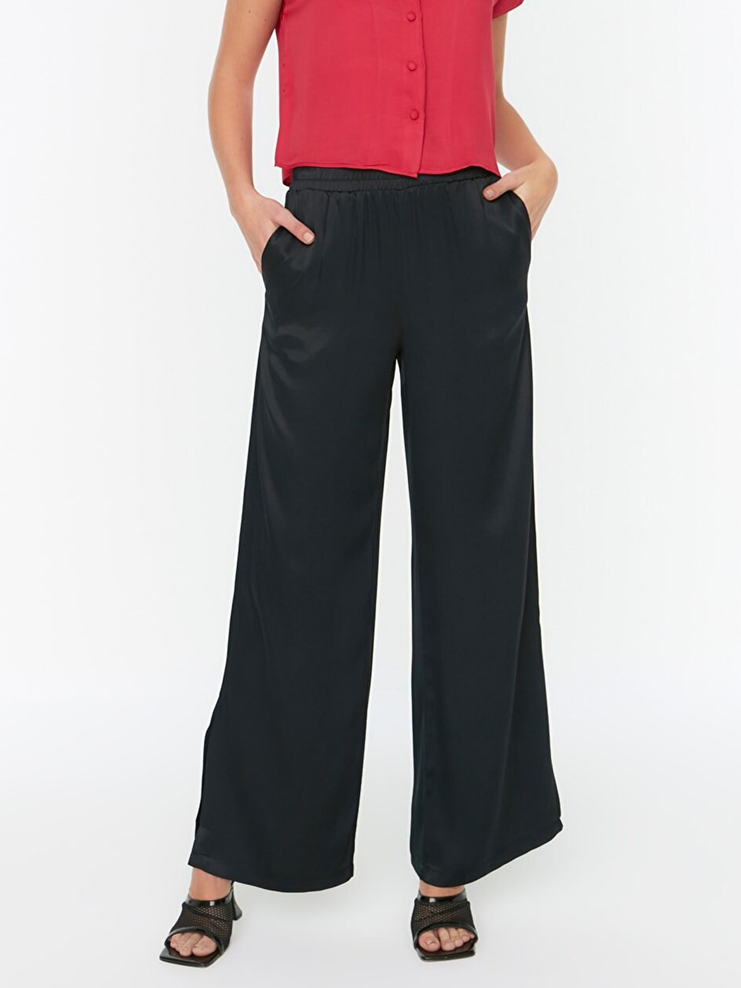 

Trendyol Women Black High-Rise Pleated Trousers