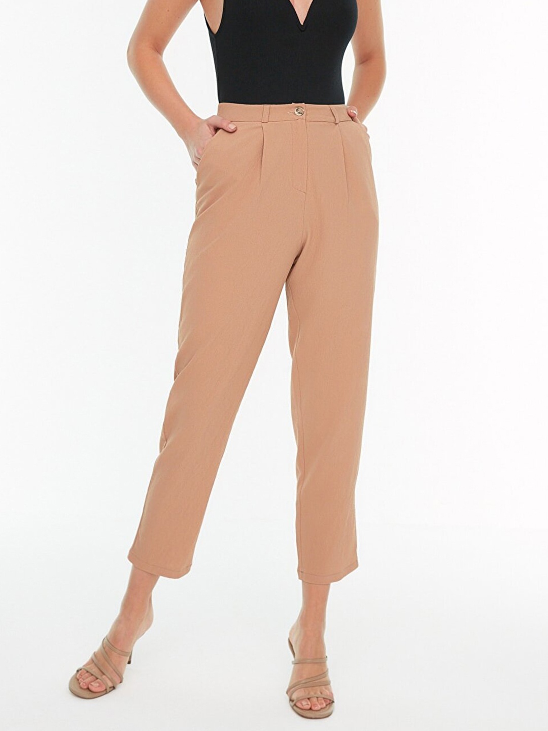 

Trendyol Women Beige High-Rise Pleated Trousers