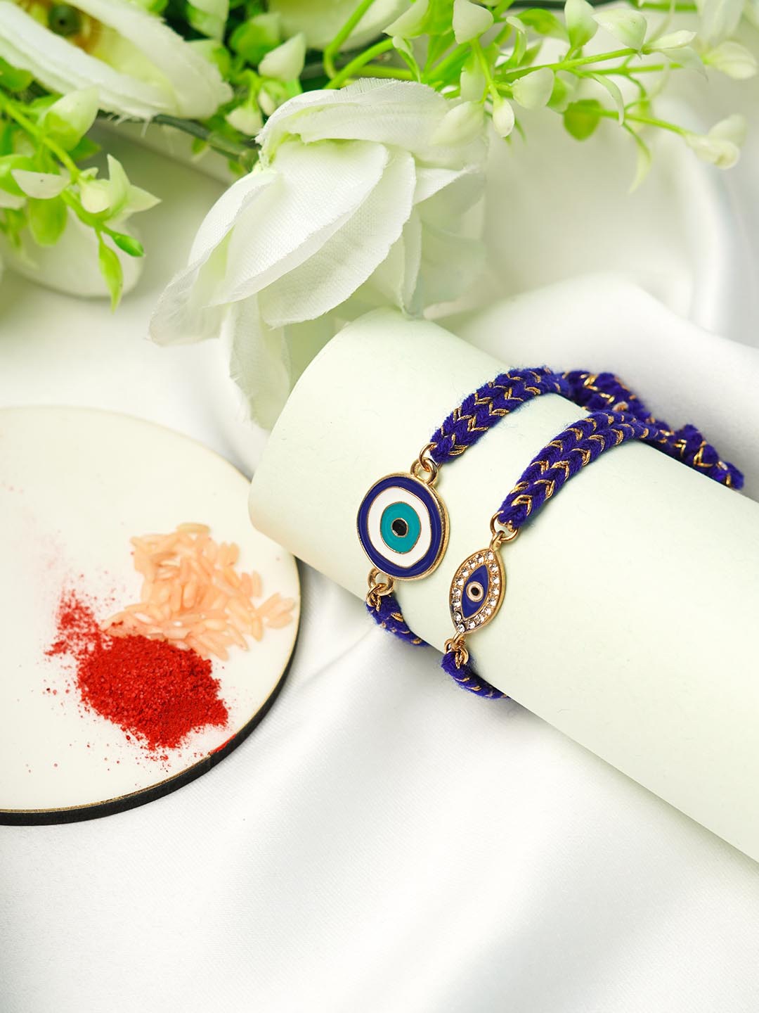 

Ferosh Men Set Of 2 Blue & White Evil Eye Charm Rakhi With Roli Chawal