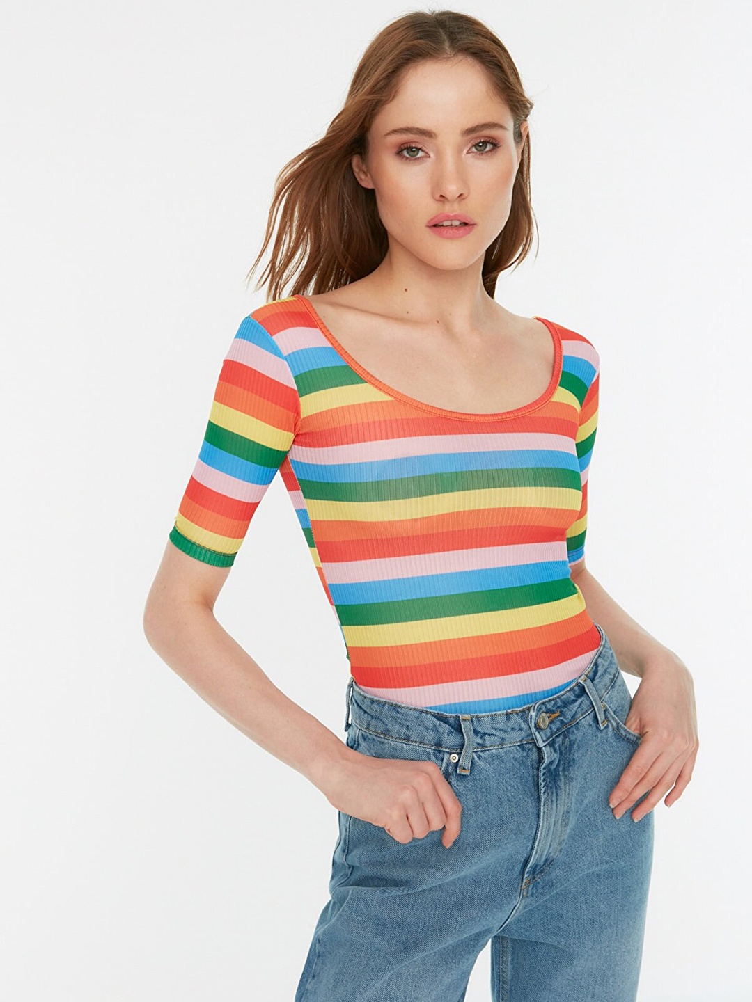 

Trendyol Women Orange & Yellow Fitted Striped Top