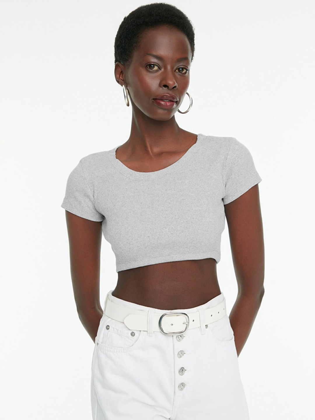 

Trendyol Women Grey Ribbed Crop Top