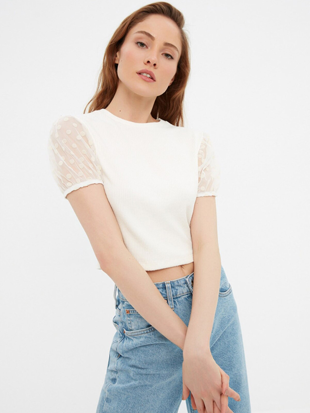 

Trendyol Women White Solid Crop Top with Puff Sleeves