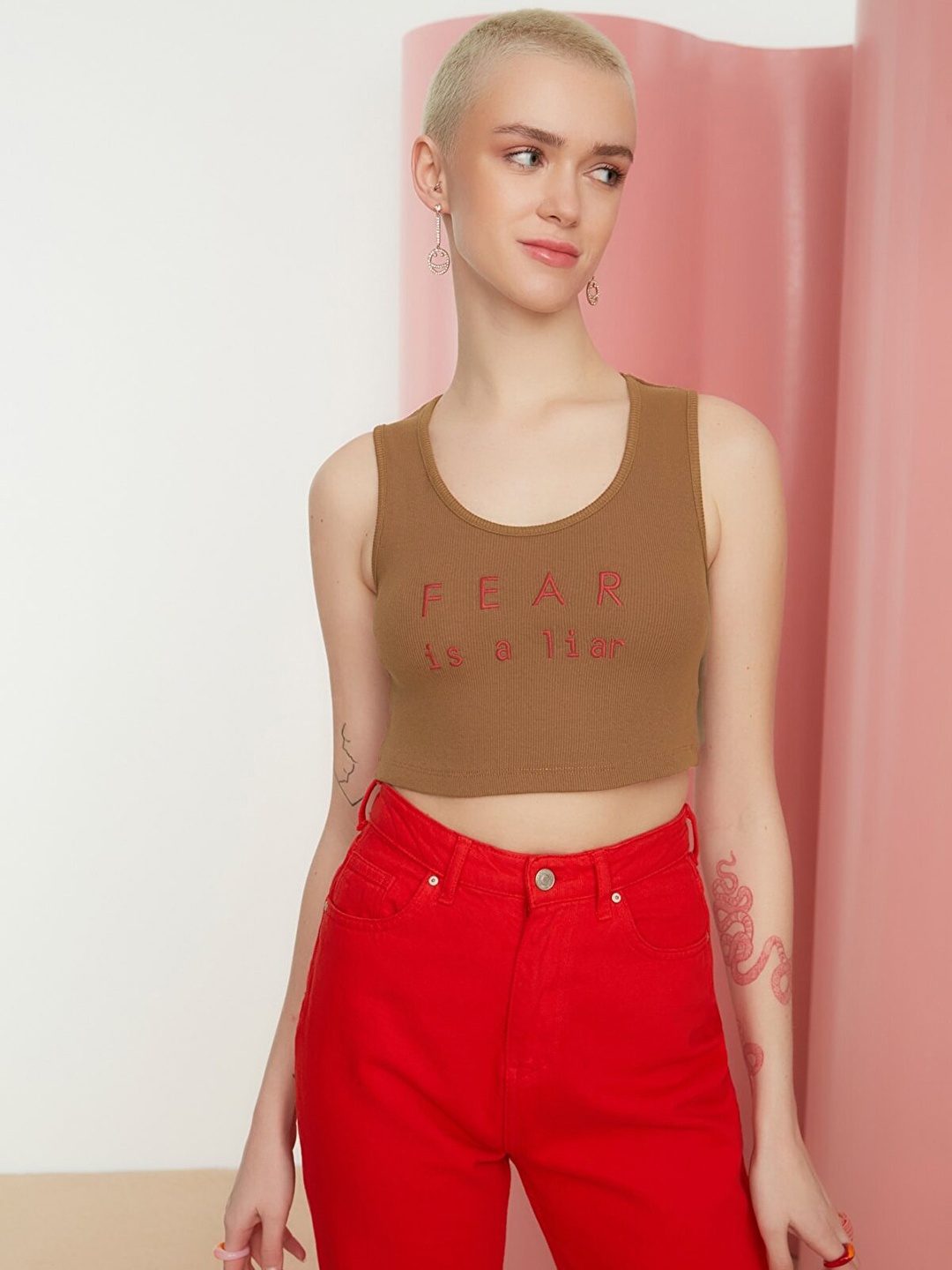 

Trendyol Rust Brown & Red Self Striped Embroidered Top