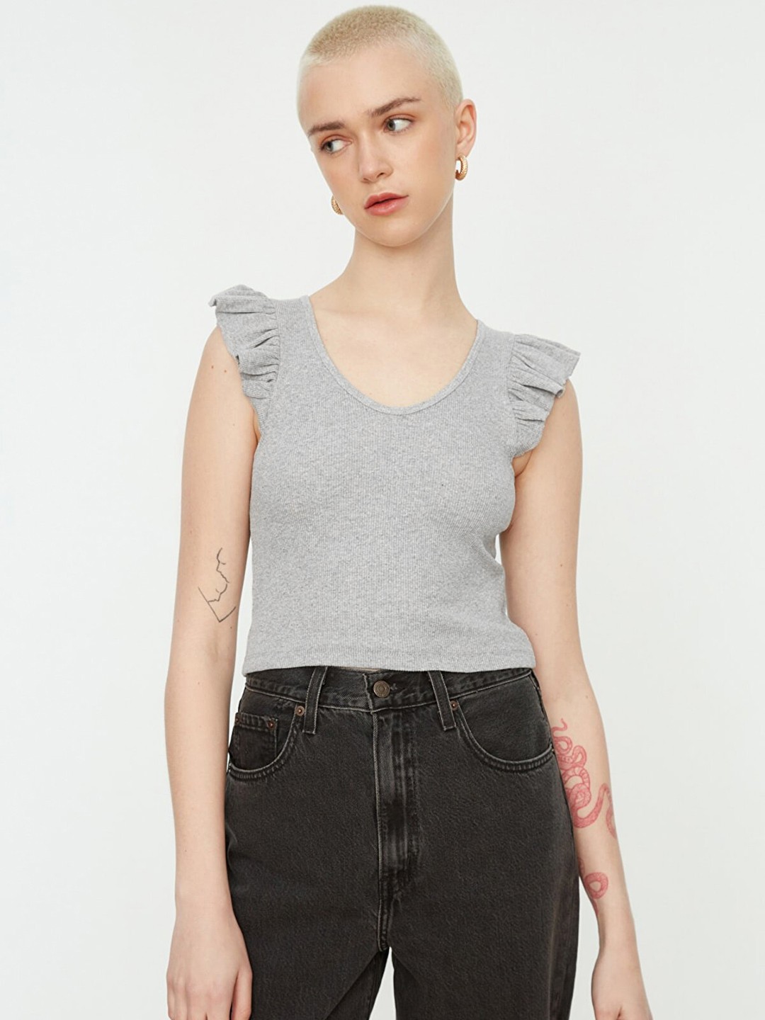 

Trendyol Women Grey Solid Flutter Sleeves Top