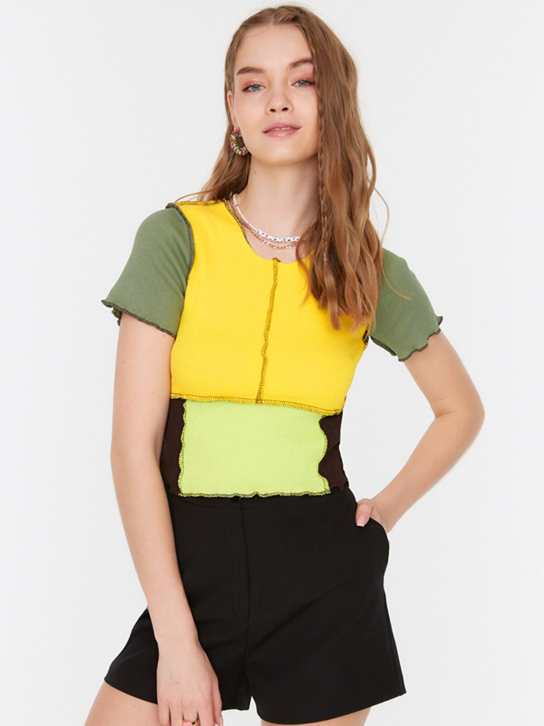 

Trendyol Women Yellow & Green Colourblocked Ribbed Top