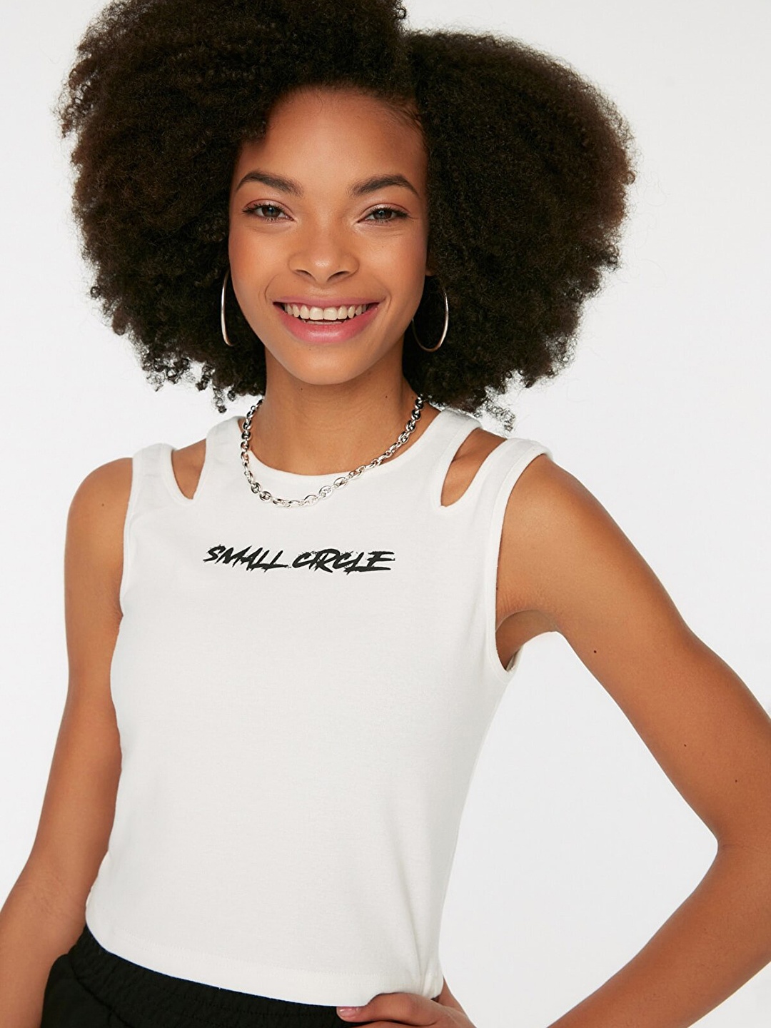 

Trendyol Off White & Black Typography Print Top with Cut-Outs