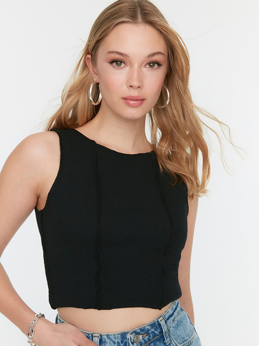 

Trendyol Black Self Striped Fitted Top with Interlocking Detail