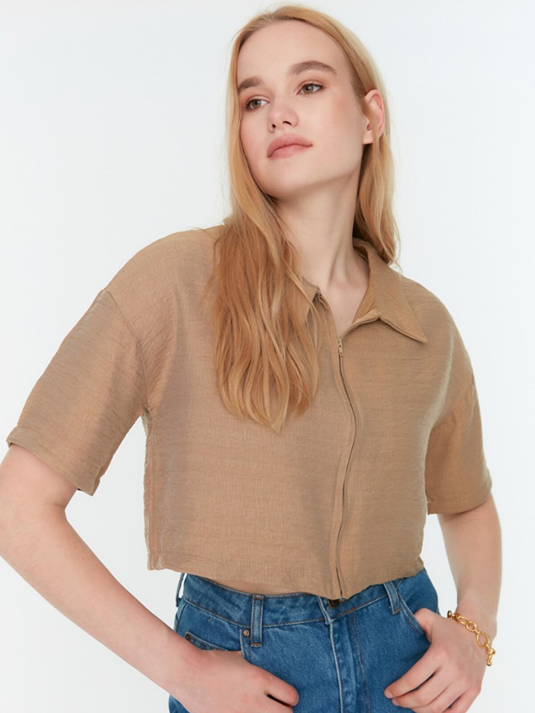

Trendyol Women Brown Self Design Casual Crop Shirt