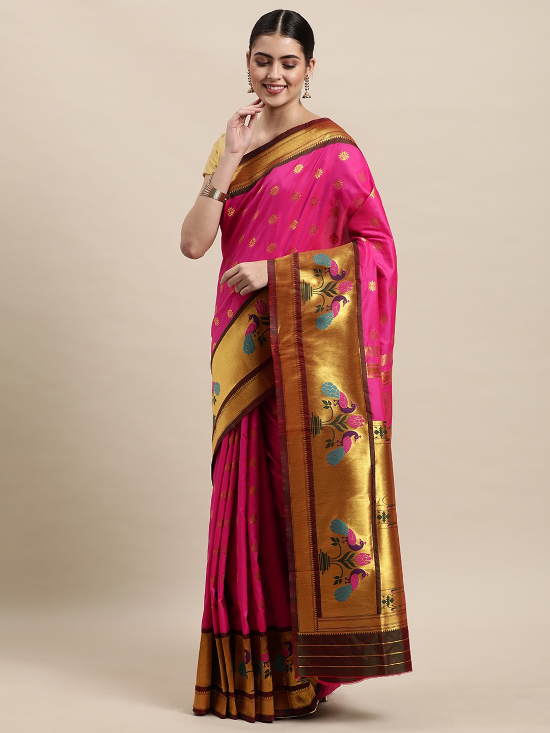

Royal Rajgharana Saree Pink & Golden Ethnic Motifs Woven Design Zari Paithani Sarees
