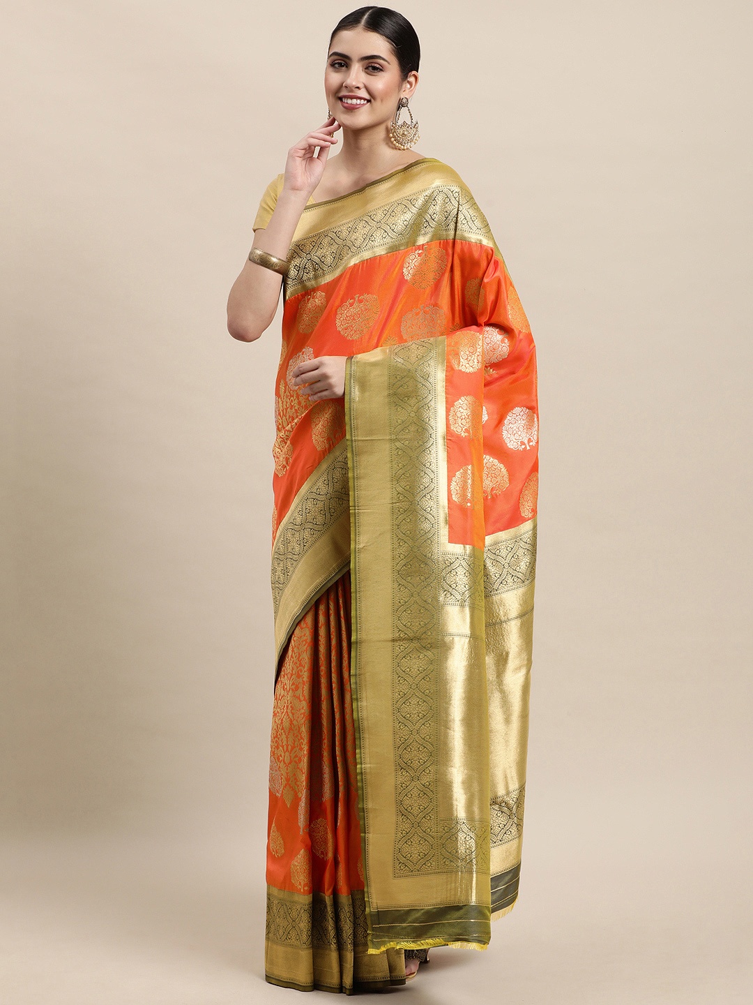 

Royal Rajgharana Saree Orange & Golden Ethnic Motifs Zari Woven Design Banarasi Sarees