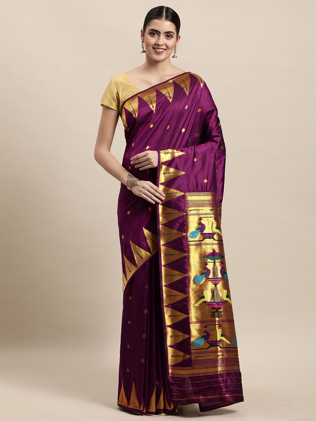 

Royal Rajgharana Saree Purple & Golden Motifs Zari Woven Design Paithani Sarees