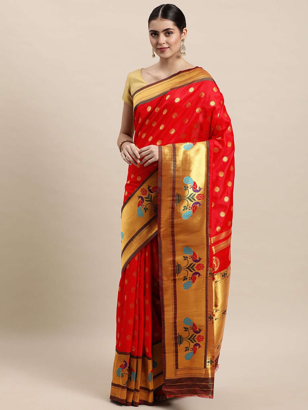 

Royal Rajgharana Saree Red & Golden Woven Design Zari Paithani Sarees