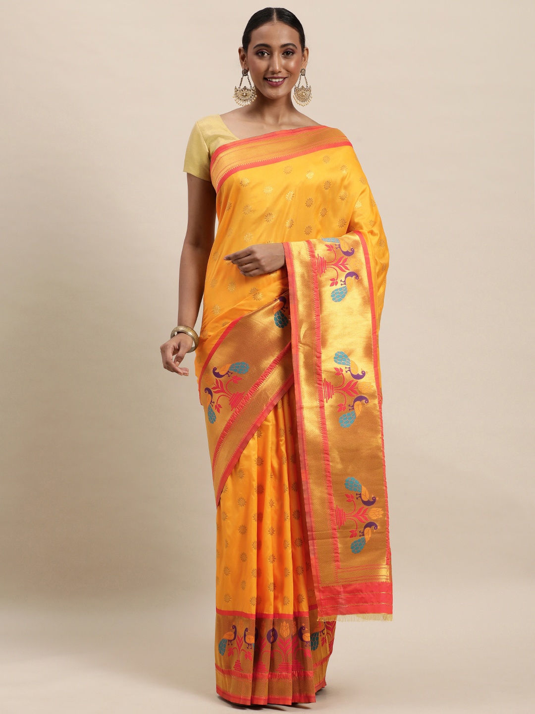 

Royal Rajgharana Saree Yellow Woven Design Paithani Saree