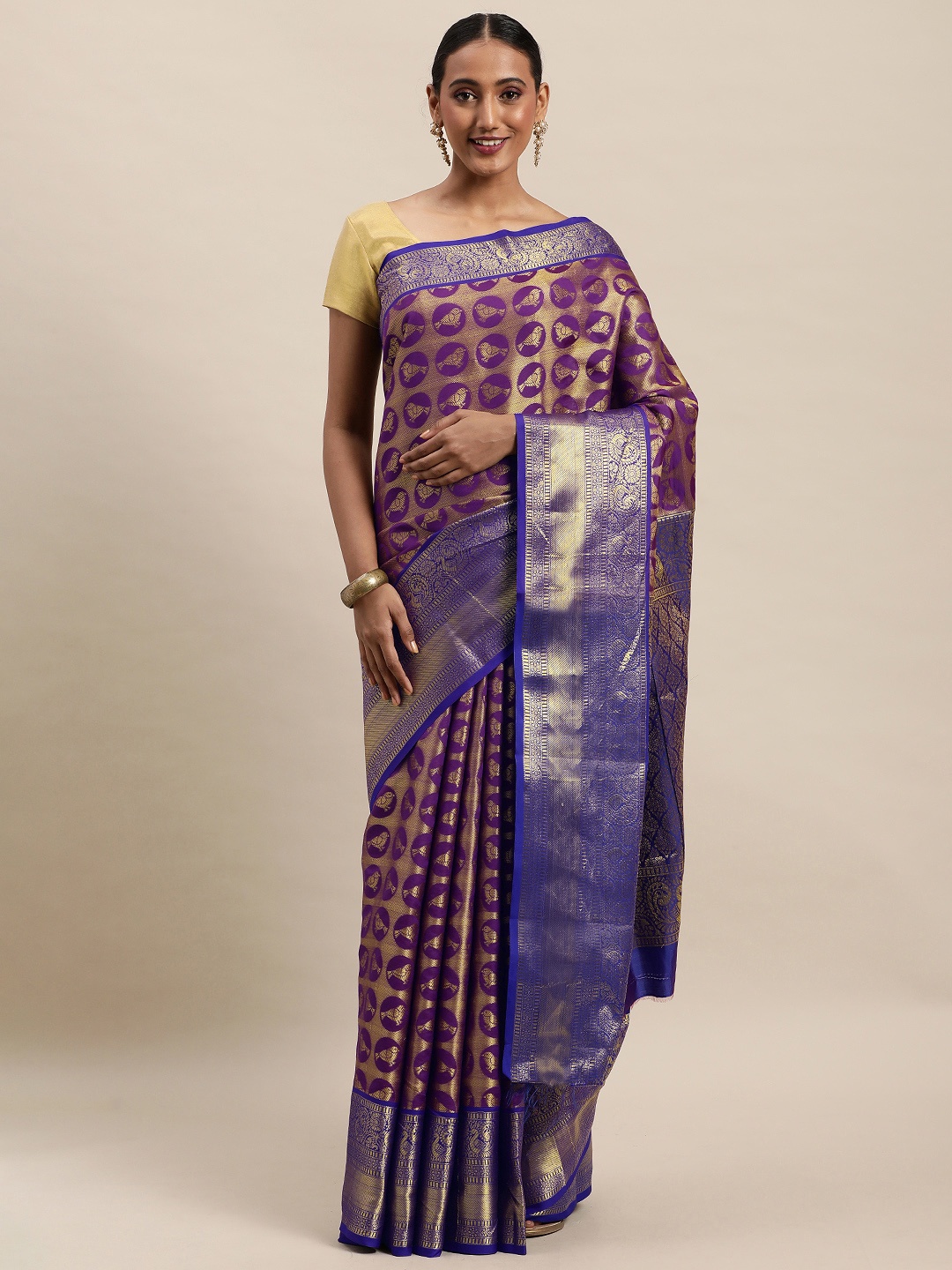 

Royal Rajgharana Saree Purple & Golden Woven Design Kanjeevaram Saree