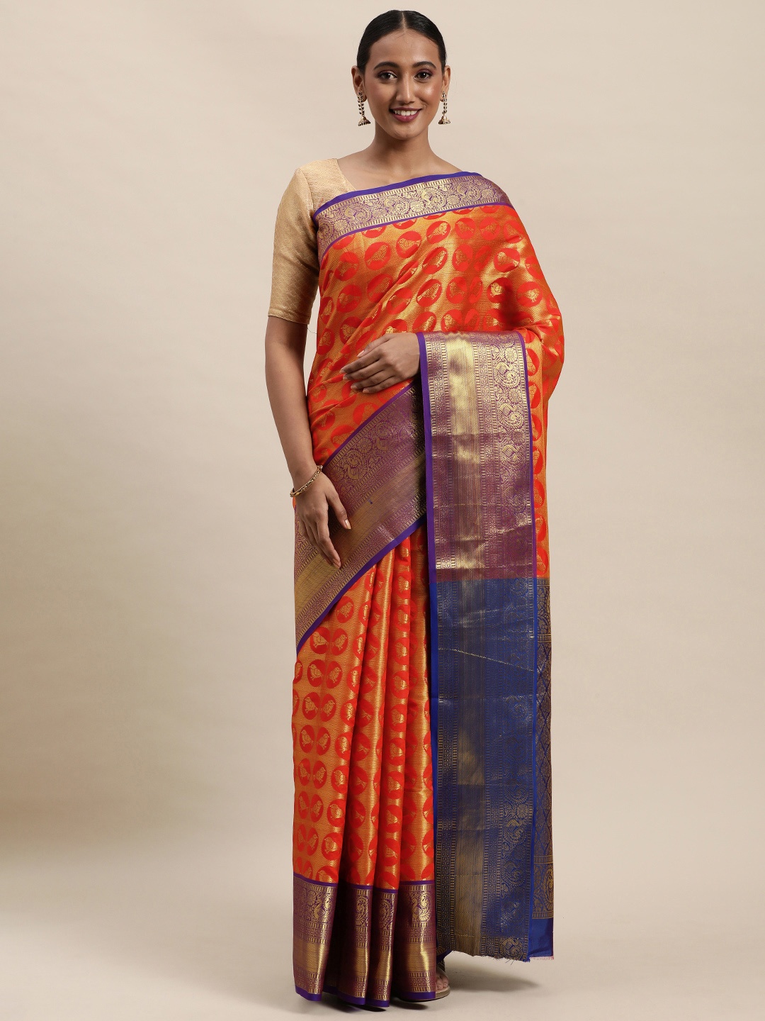 

Royal Rajgharana Saree Orange & Golden Woven Design Kanjeevaram Saree