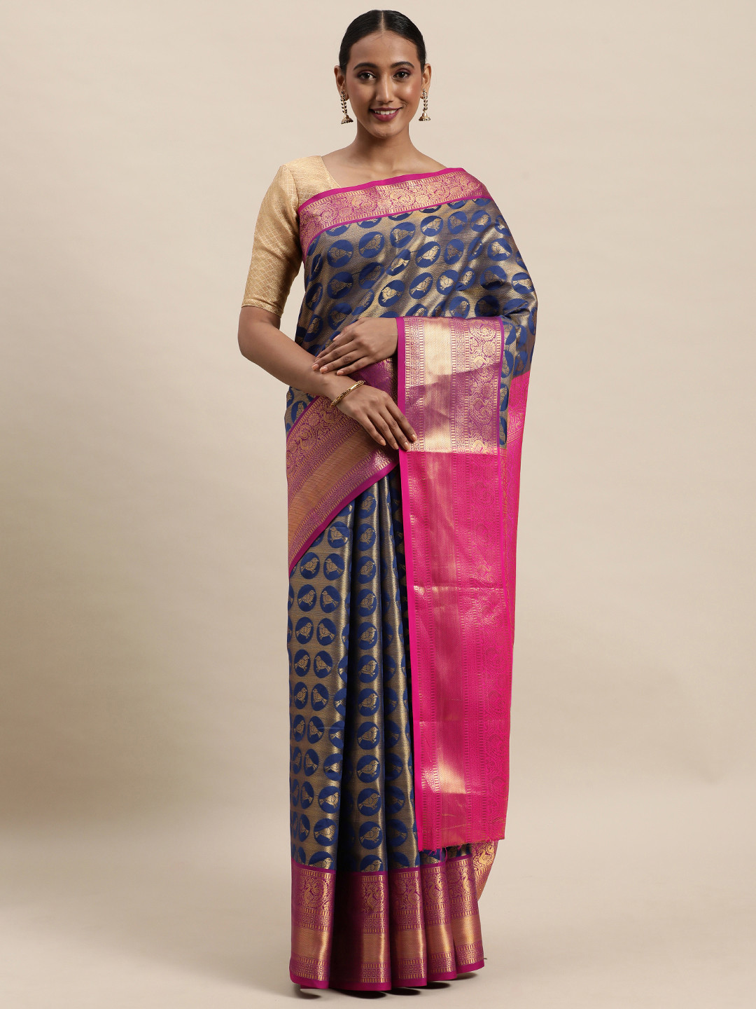 

Royal Rajgharana Saree Blue & Golden Woven Design Kanjeevaram Saree