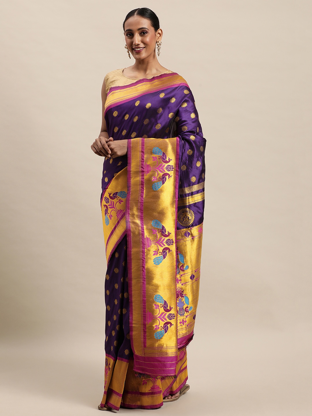 

Royal Rajgharana Saree Purple & Magenta Ethnic Motifs Zari Woven Design Paithani Sarees
