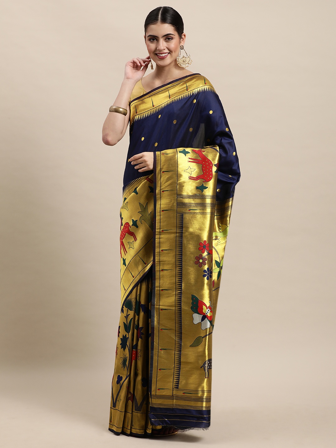 

Royal Rajgharana Saree Navy Blue & Golden Ethnic Motifs Woven Design Zari Paithani Sarees