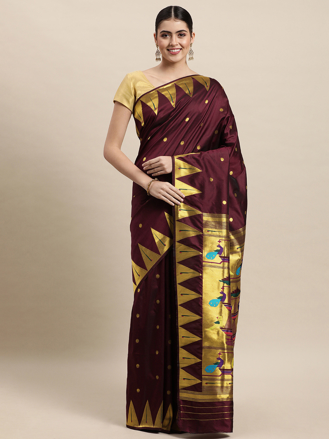 

Royal Rajgharana Saree Maroon & Golden Ethnic Motifs Zari Woven Design Paithani Sarees