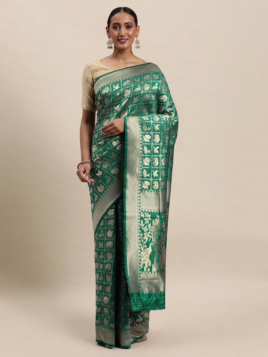 

Royal Rajgharana Saree Teal Green & Silver Woven Design Patola Saree