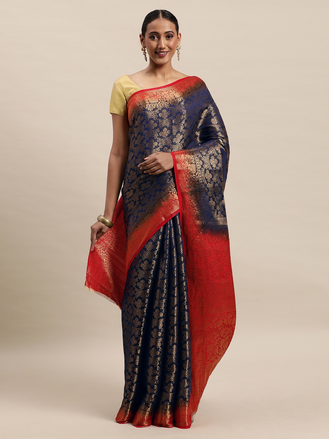 

Royal Rajgharana Saree Navy Blue & Golden Woven Design Kanjeevaram Saree