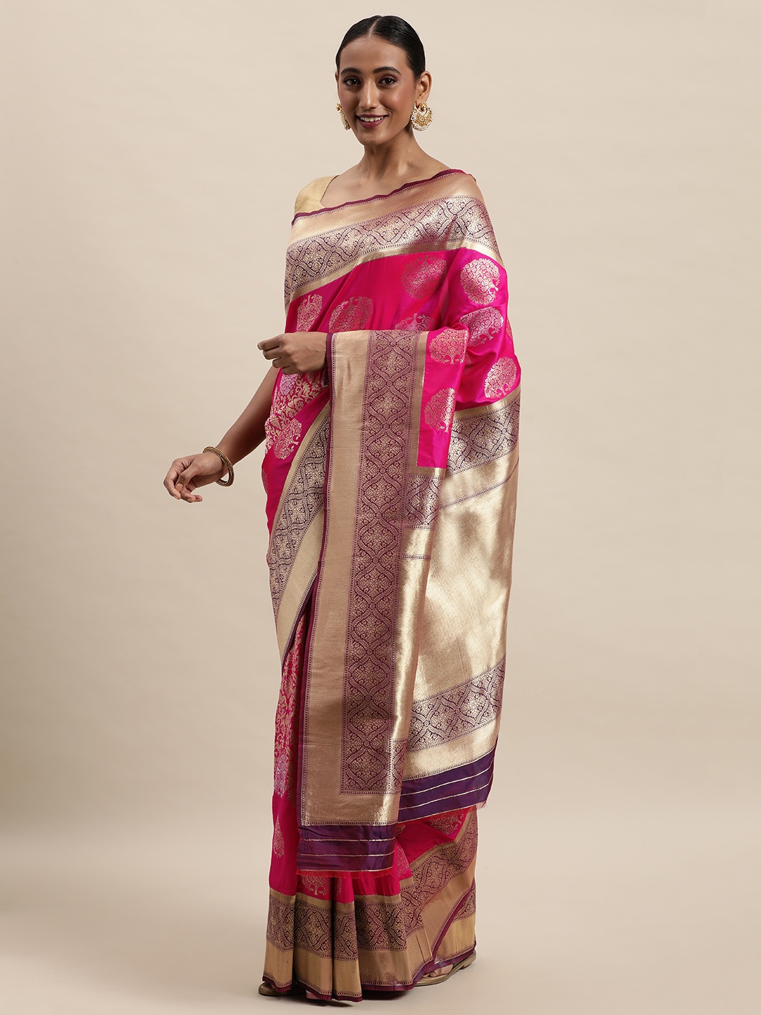 

Royal Rajgharana Saree Pink Golden Woven Design Banarasi Saree