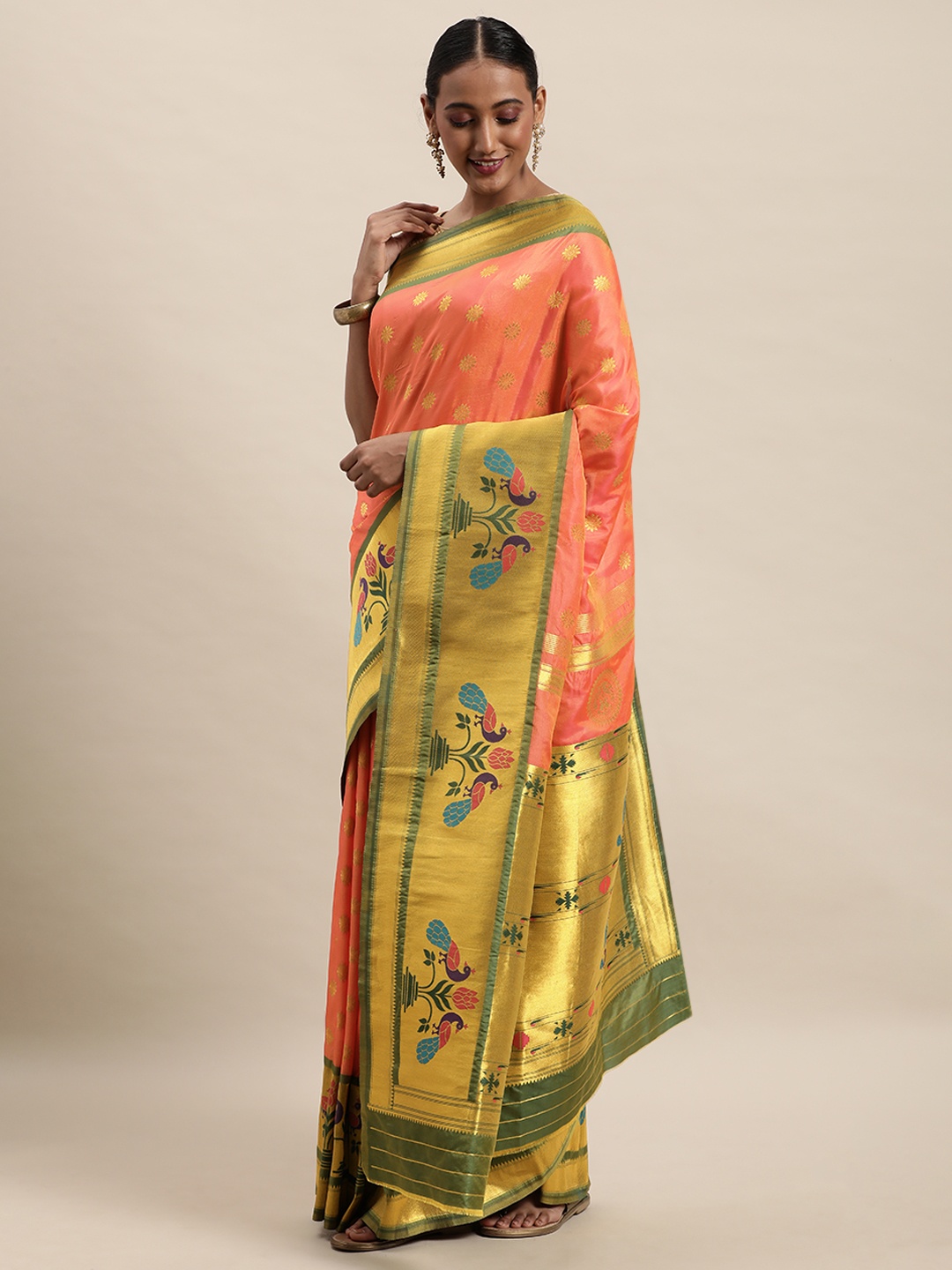 

Royal Rajgharana Saree Orange & Green Ethnic Motifs Woven Design Zari Paithani Sarees