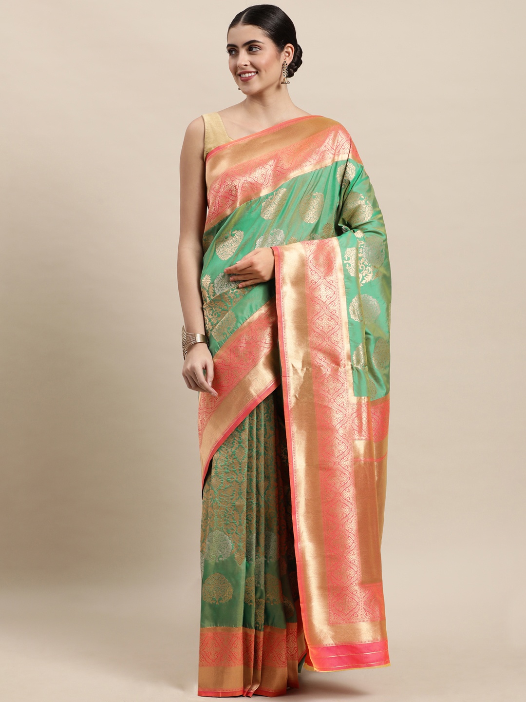 

Royal Rajgharana Saree Sea Green & Coral Pink Ethnic Zari Woven Design Banarasi Sarees