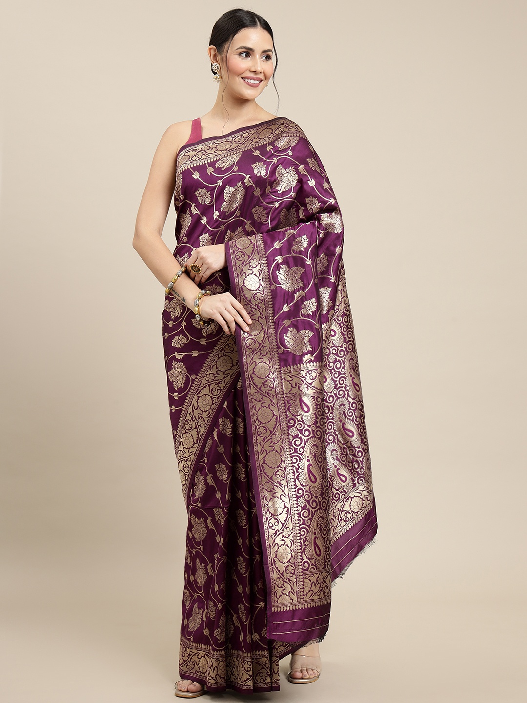 

Royal Rajgharana Saree Purple & Silver Ethnic Motifs Zari Woven Design Banarasi Sarees