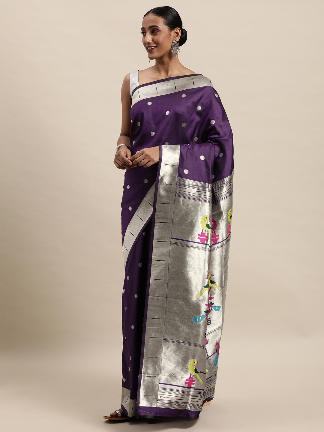 

Royal Rajgharana Saree Purple Ethnic Motifs Zari Silk Blend Paithani Saree