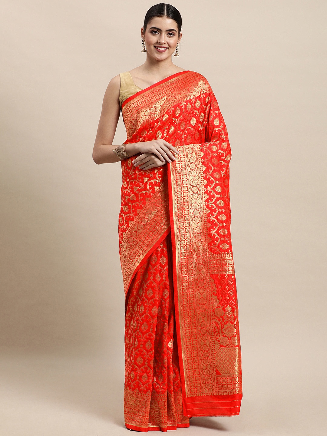 

Royal Rajgharana Saree Red & Golden Ethnic Motifs Zari Woven Design Banarasi Sarees