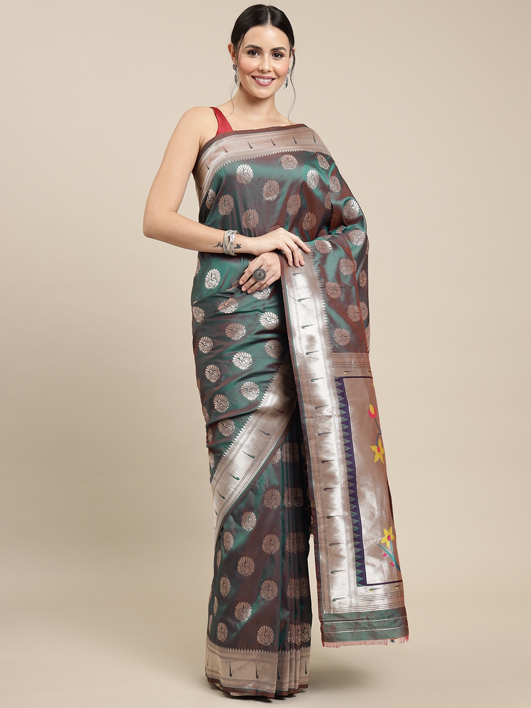 

Royal Rajgharana Saree Teal Blue & Red Ethnic Motifs Woven Design Zari Paithani Sarees