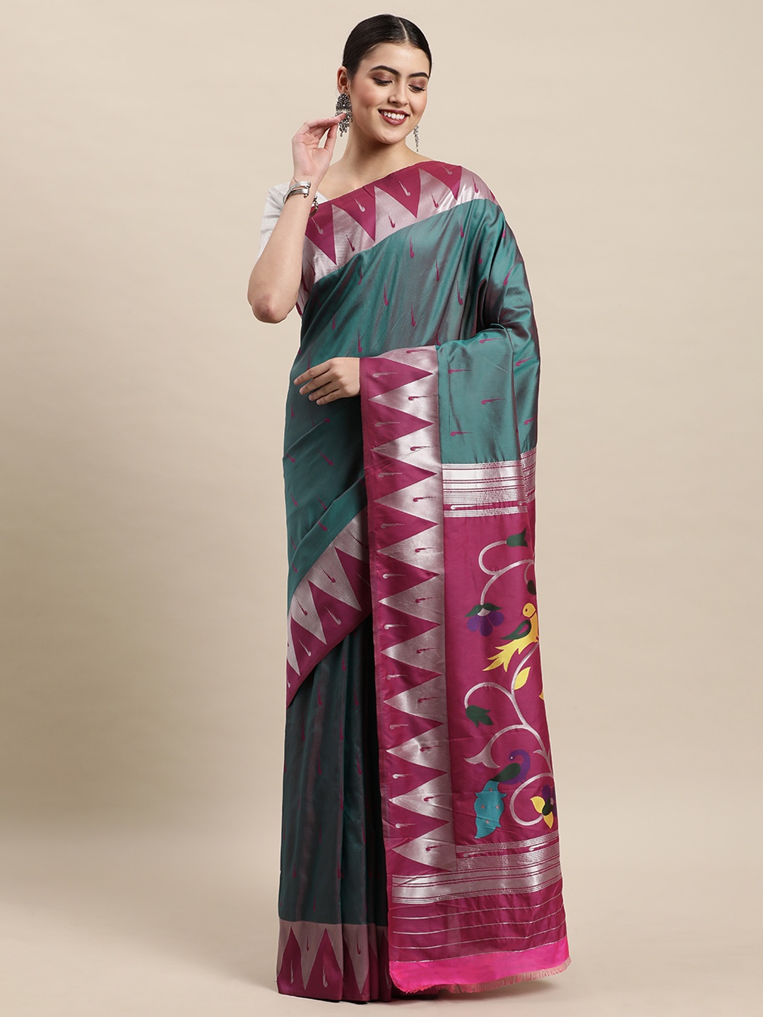 

Royal Rajgharana Saree Teal Green & Magenta Woven Design Paithani Saree