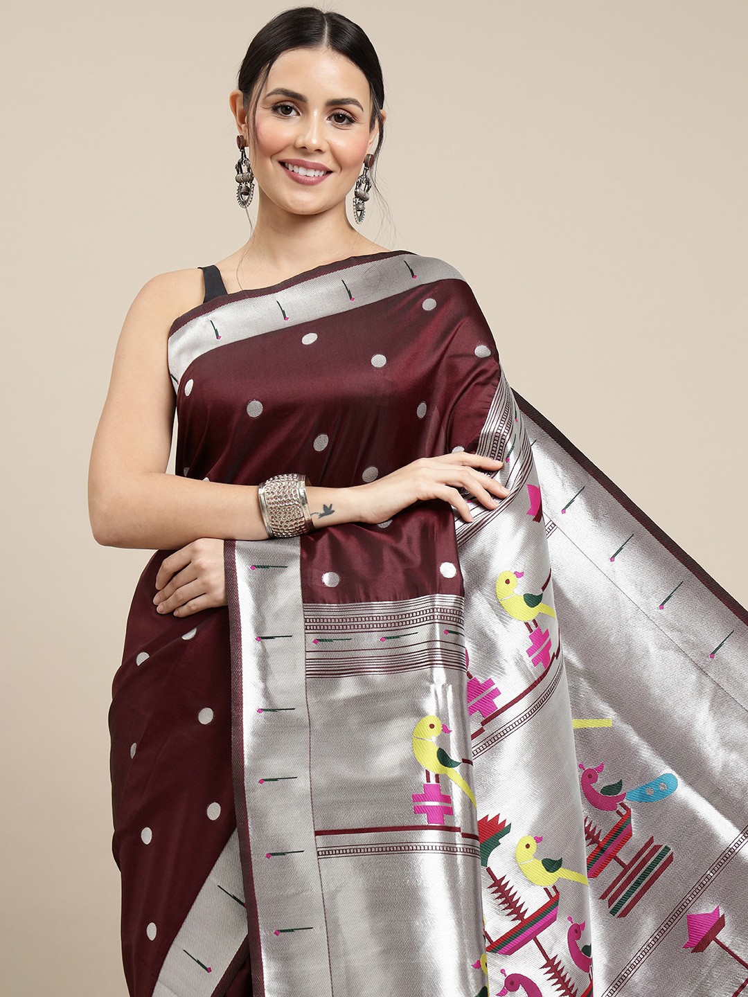 

Royal Rajgharana Saree Maroon & Silver Woven Design Zari Paithani Sarees