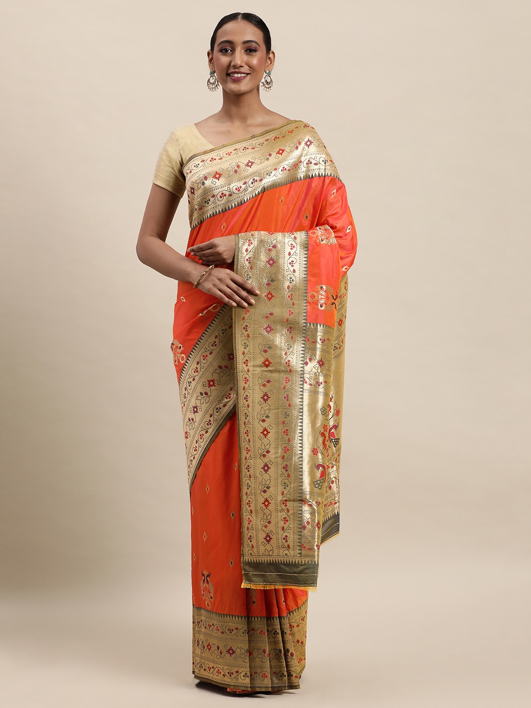 

Royal Rajgharana Saree Orange Woven Design Paithani Saree