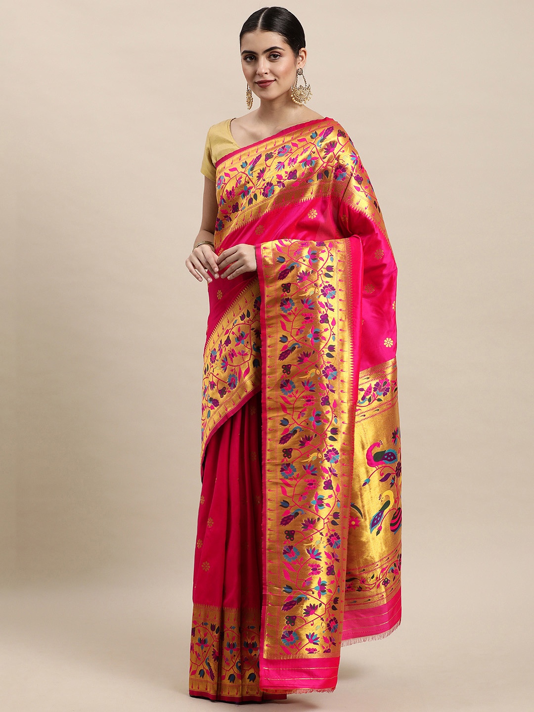 

Royal Rajgharana Saree Pink & Golden Ethnic Motifs Zari Woven Design Paithani Sarees