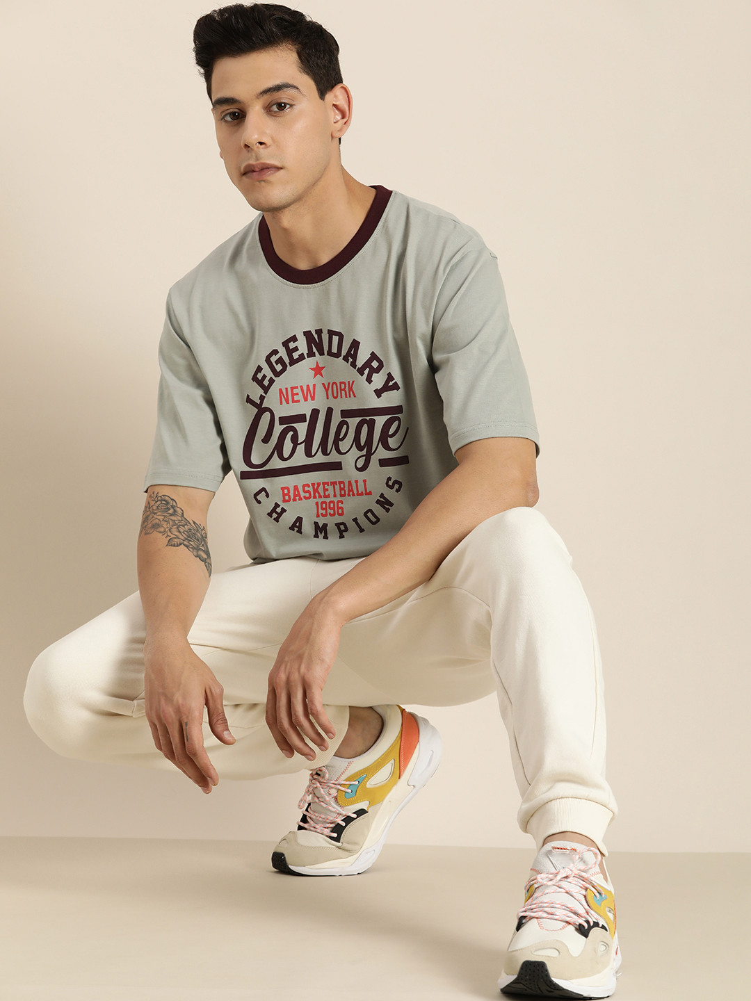 

DILLINGER Men Grey & Black Sports Printed Drop-Shoulder Sleeves Pure Cotton Oversized T-shirt