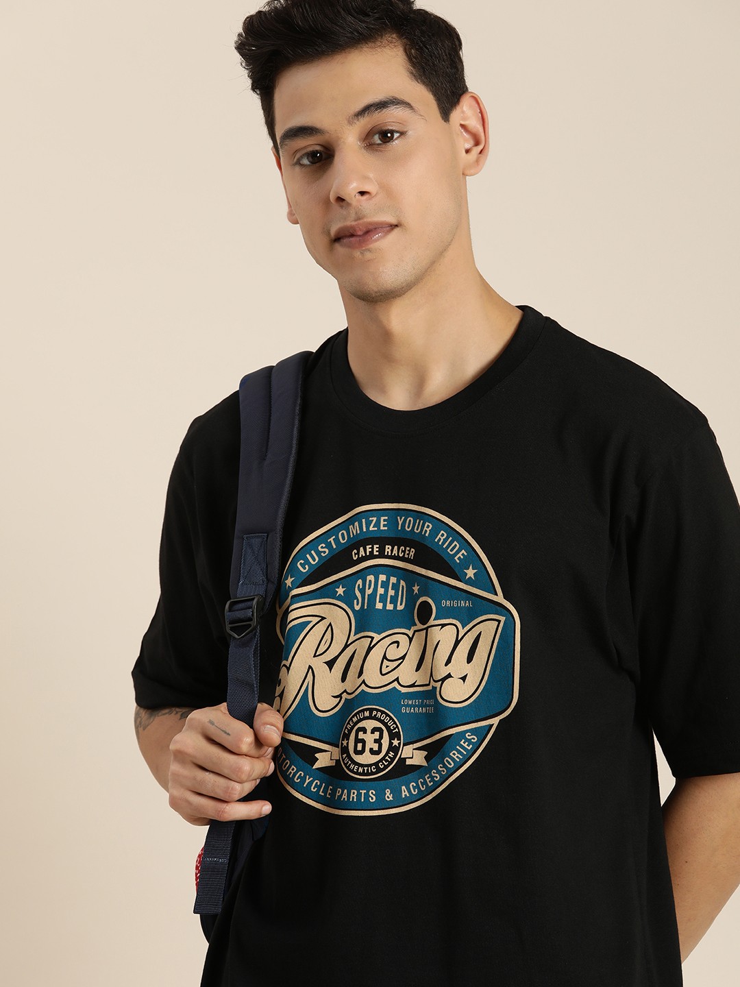 

DILLINGER Men Black & Blue Typography Printed Drop-Shoulder Sleeves Pure Cotton Oversized T-shirt