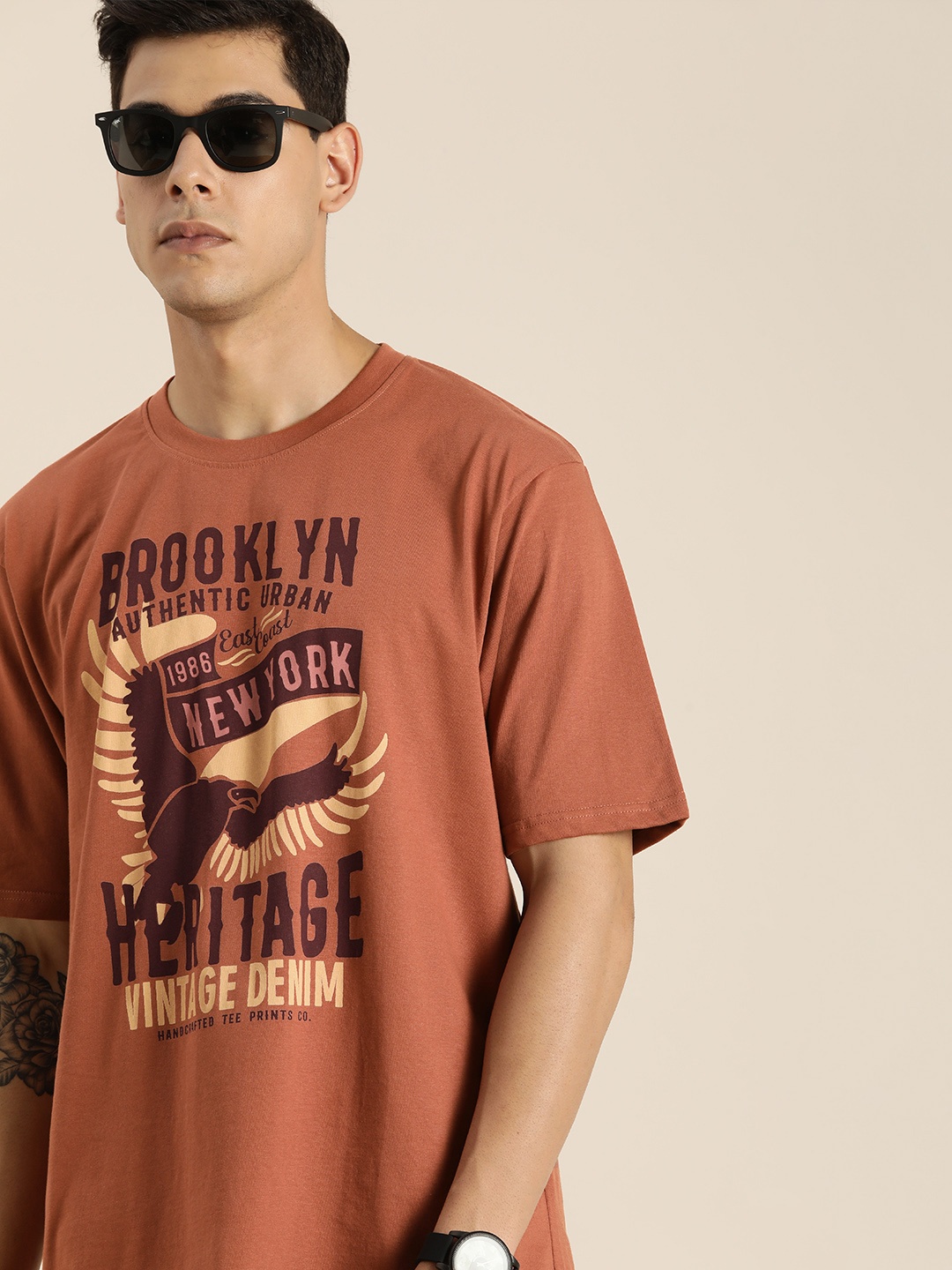 

DILLINGER Men Brown Printed Drop-Shoulder Sleeves Pure Cotton Loose T-shirt