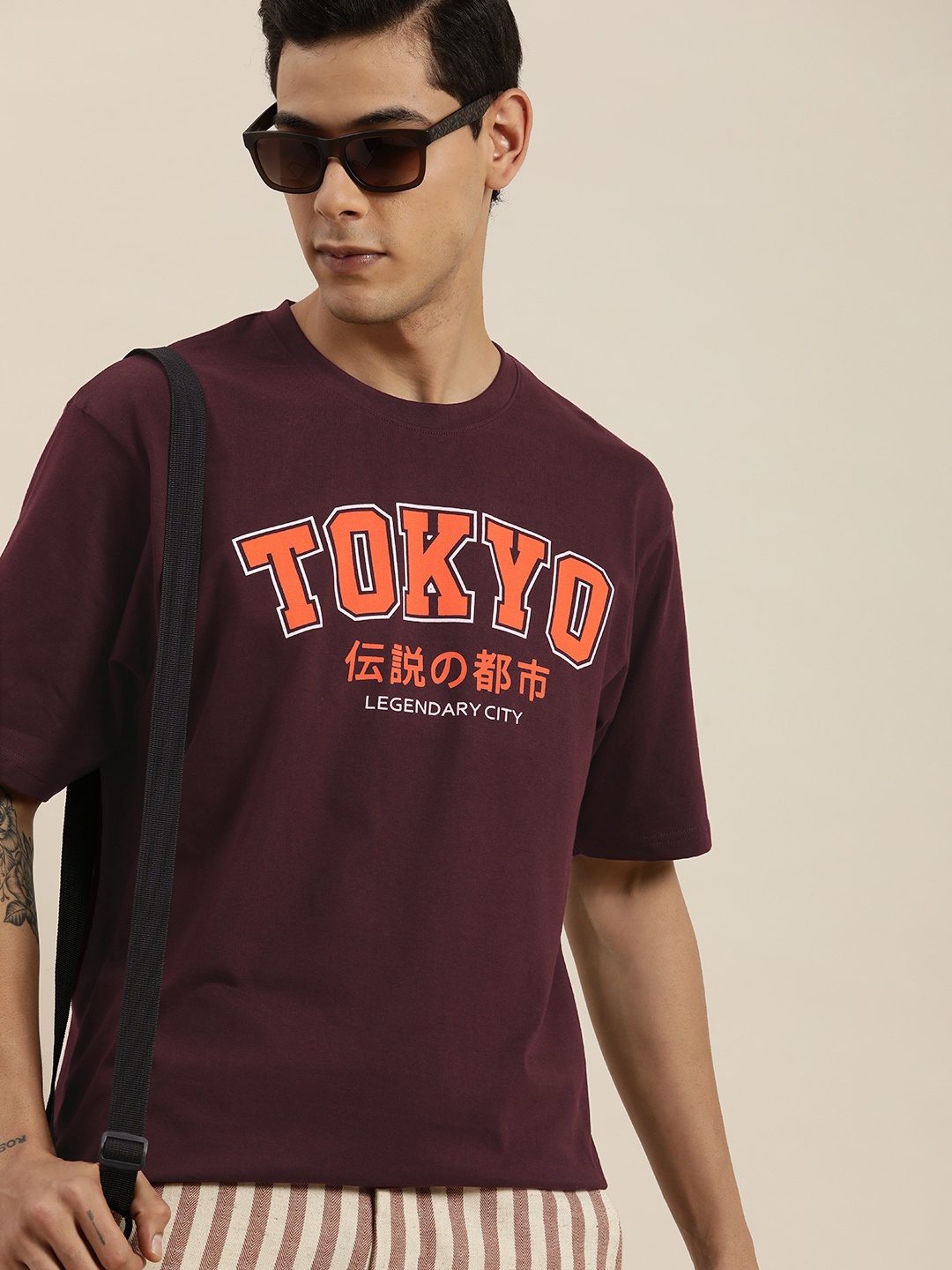 

DILLINGER Men Maroon & Orange Typography Printed Pure Cotton Oversized T-shirt