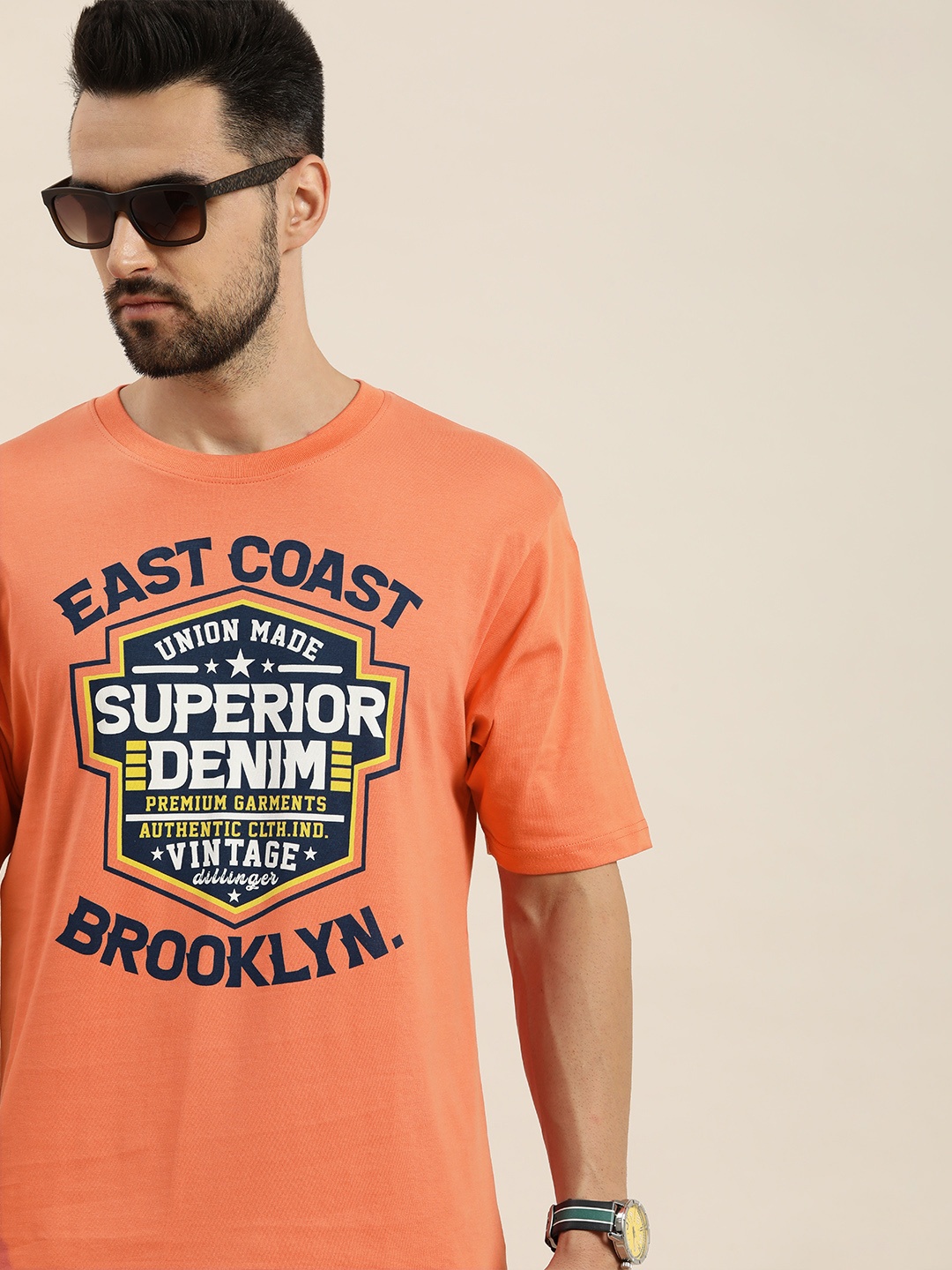 

DILLINGER Men Coral & Navy Blue Printed Pure Cotton Oversized T-shirt