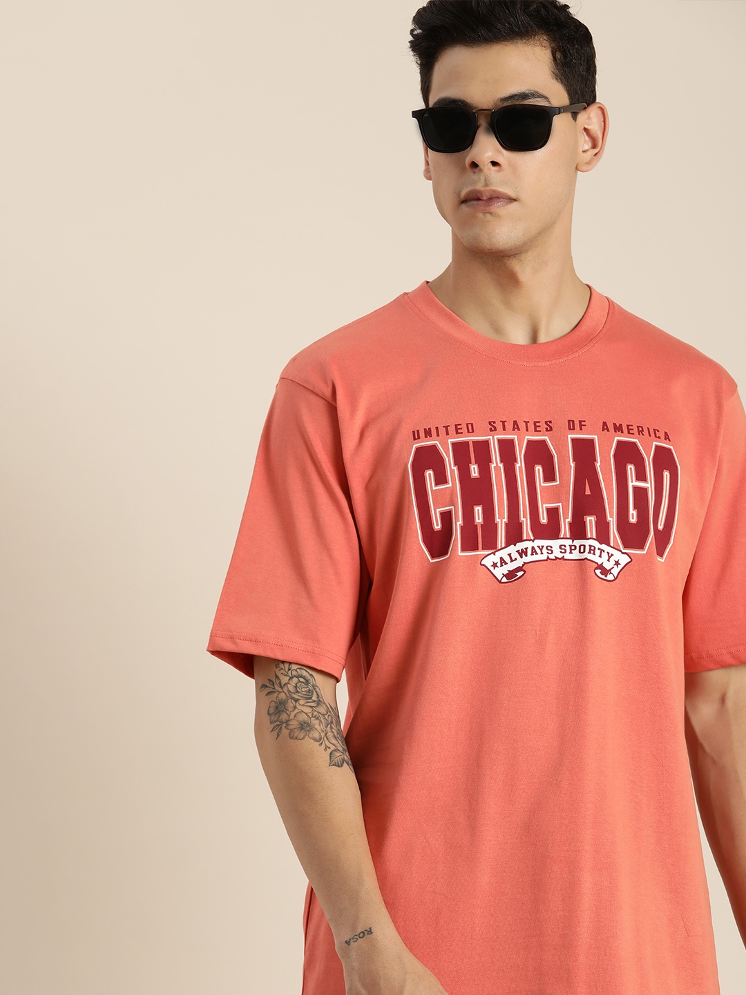 

DILLINGER Men Coral Pink & Red Printed Drop-Shoulder Sleeves Pure Cotton Oversized T-shirt
