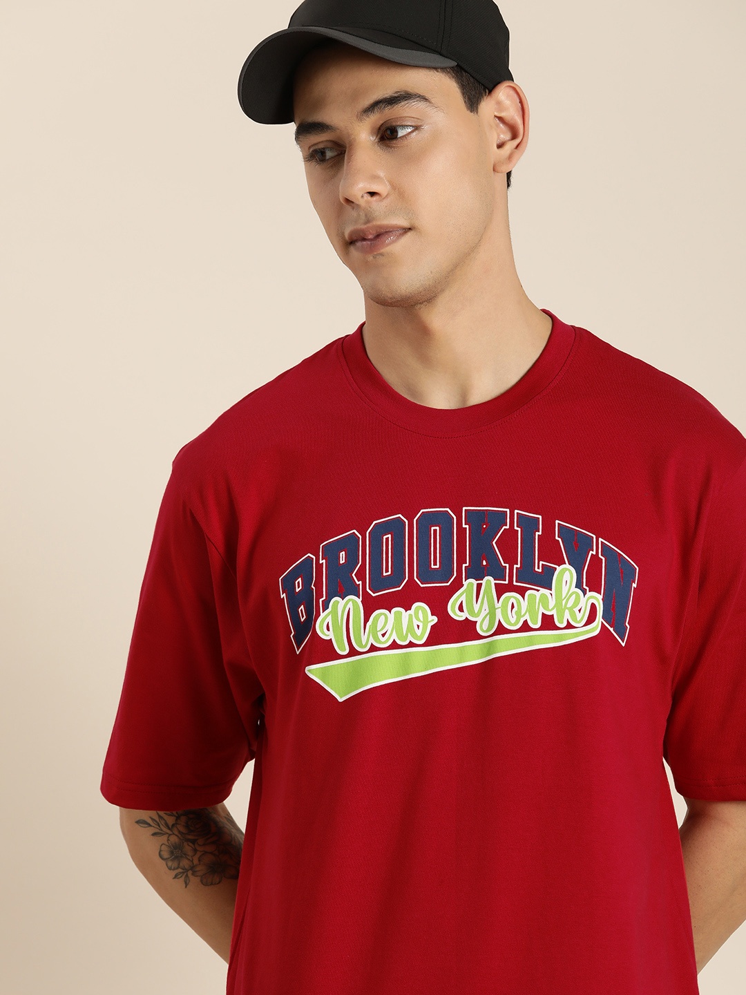 

DILLINGER Men Red & Blue Printed Drop-Shoulder Sleeves Pure Cotton Oversized T-shirt