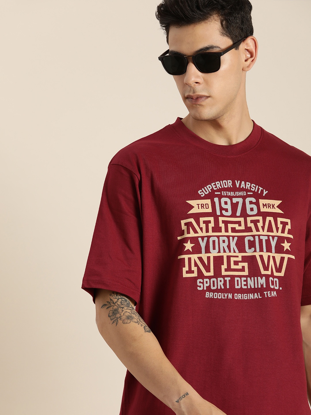 

DILLINGER Men Maroon & Cream-Coloured Printed Drop-Shoulder Sleeves Pure Cotton Oversized T-shirt