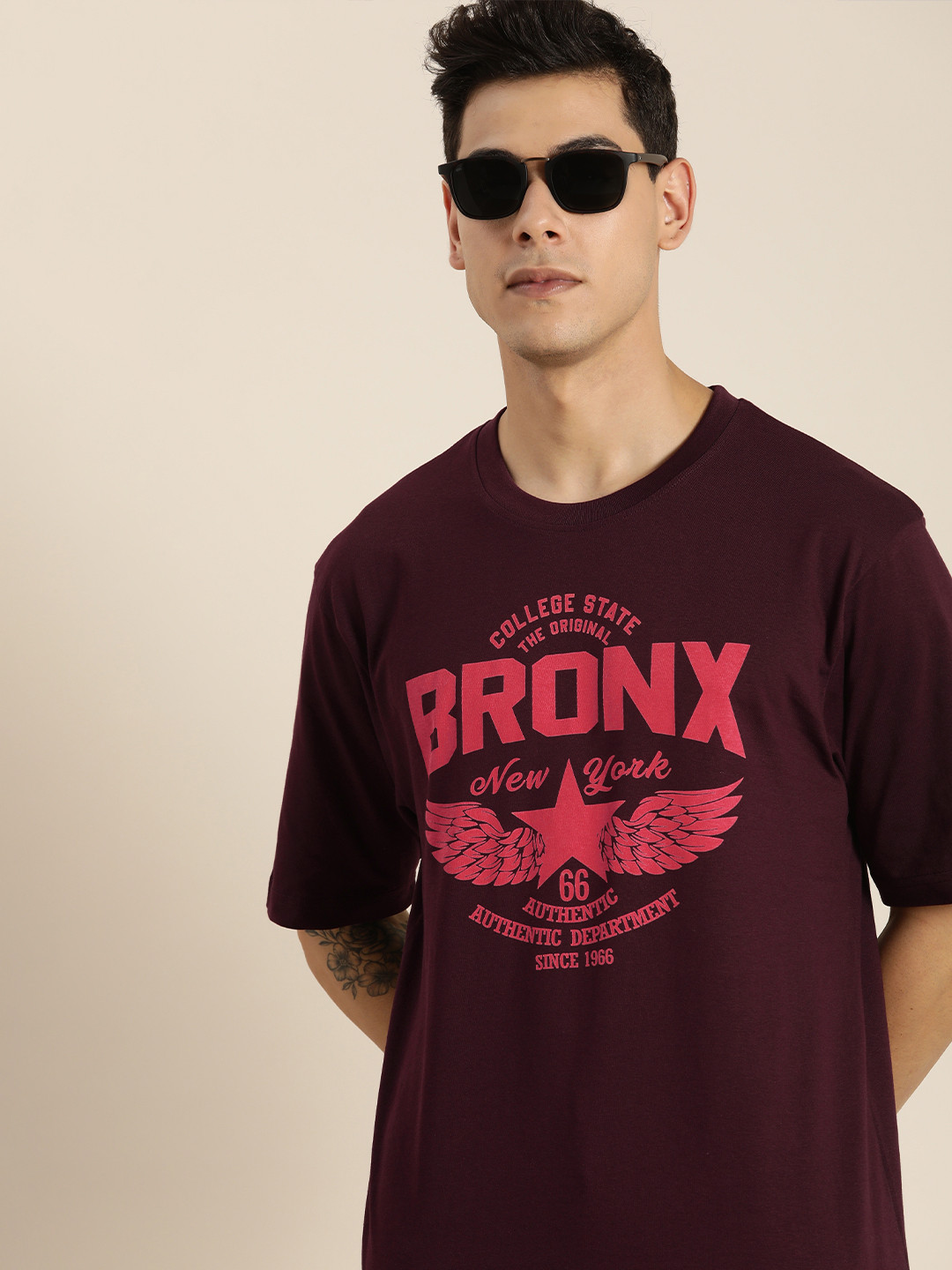 

DILLINGER Men Burgundy & Pink Typography Printed Drop-Shoulder Sleeves Pure Cotton Oversized T-shirt