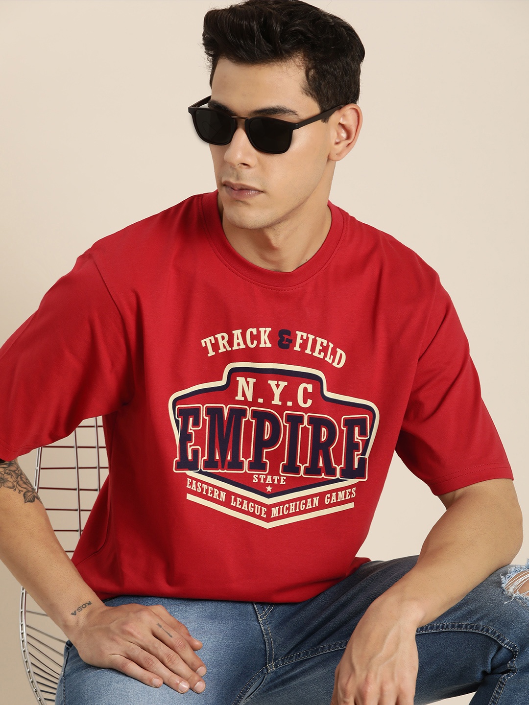 

DILLINGER Men Red & Cream-Coloured Printed Drop-Shoulder Sleeves Pure Cotton Oversized T-shirt