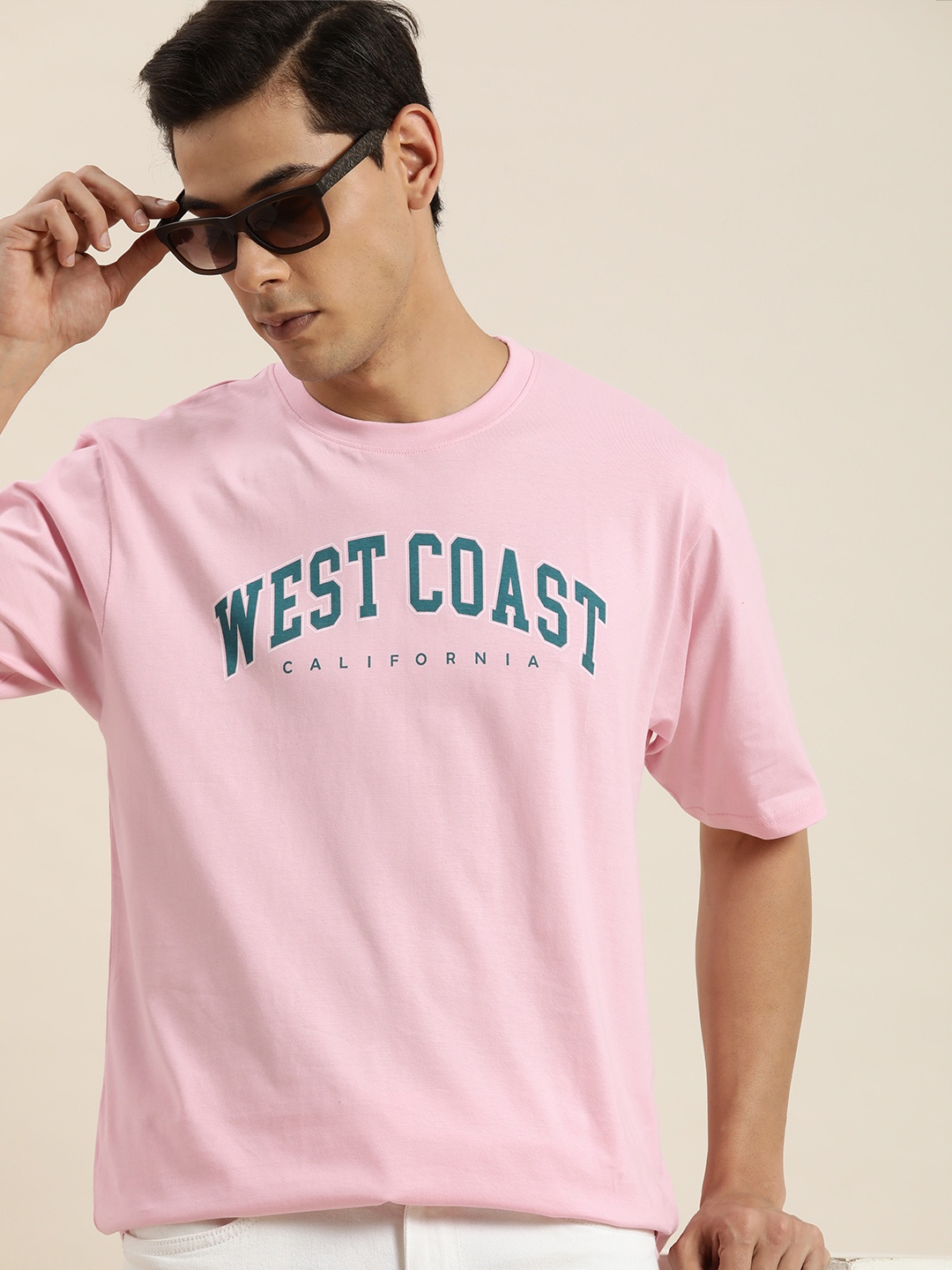 

DILLINGER Men Pink & Blue Typography Printed Pure Cotton Oversized T-shirt